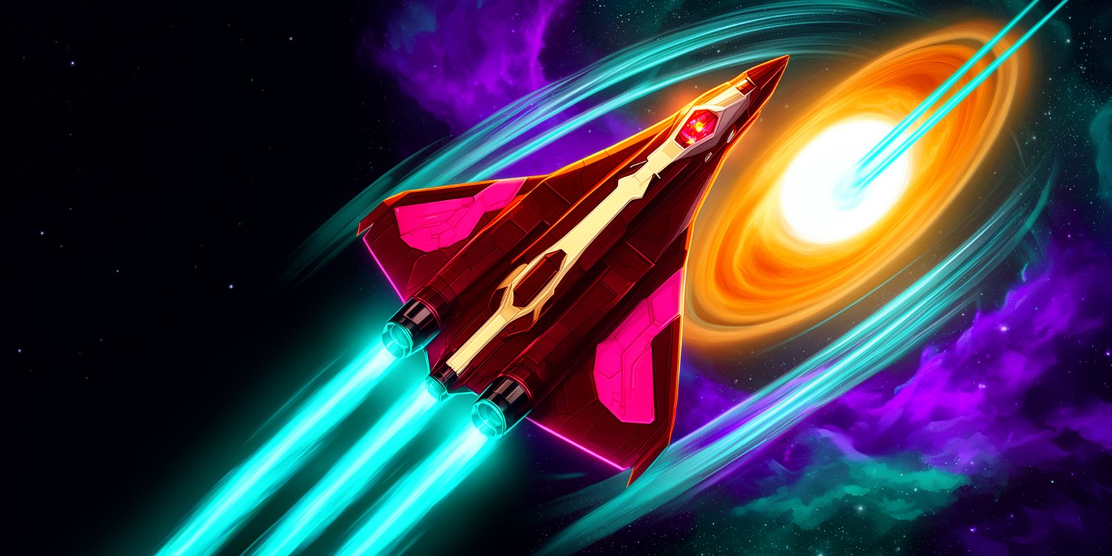 Das rote Raumschiff QUASAROT mit cyanfarbenen Triebwerksflammen fliegt an einem leuchtenden Quasar vorbei